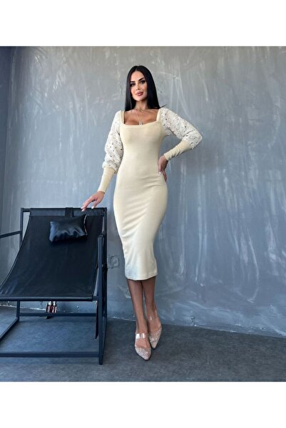 ZenWave eyesof Γυναικείο τετράγωνο γιακά μανίκια με μανσέτα και λεπτομέρεια από τούλι Προσφορά προϊόντος Midi μήκους φόρεμα