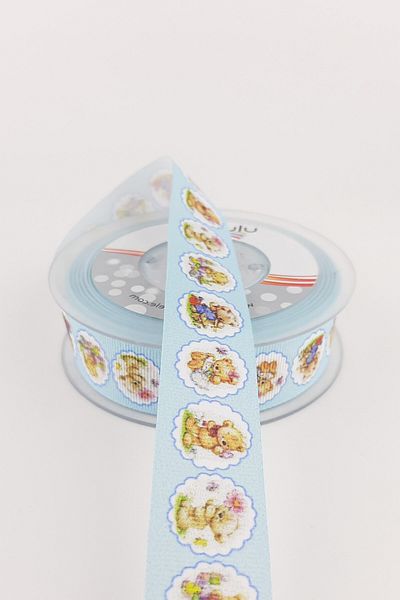 Hayalperest boncuk Μπλε Αρκουδάκι με σχέδιο Grosgrain Κορδέλα 2,50 cm 20 Mt