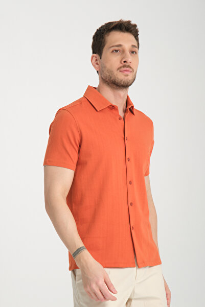 Frappoli Ανδρικό πορτοκαλί Lucero 100% βαμβακερό πουκάμισο με λεπτή λαιμόκοψη πόλο
