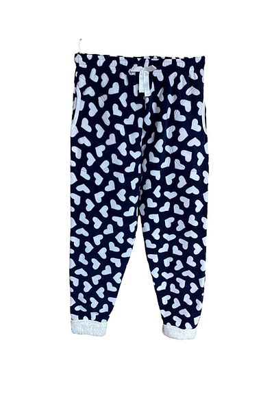 FORMO Women's Navy Blue Heart Fleece Pocket Winter Plush Cuffed Thick Quality Pajama Bottoms