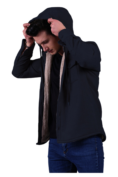 Exve Exclusive Navy Blue Solid Plain Hooded Wool Fur Inside Winter Lumberjack Jacket Shirt