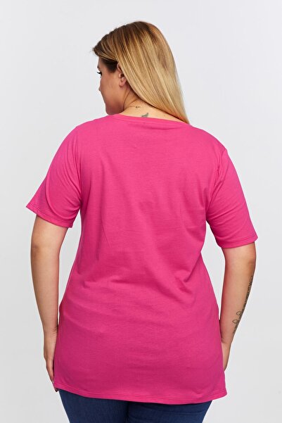 Seamoda Plus Size V-Neck Slit Cotton Basic Tshirt-Fuchia