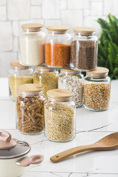 ARDA DİZAYN Set of 9 Bamboo Lid Glass Jar & Food Storage Container 800 ml Medium Size (Vacuum Lid)