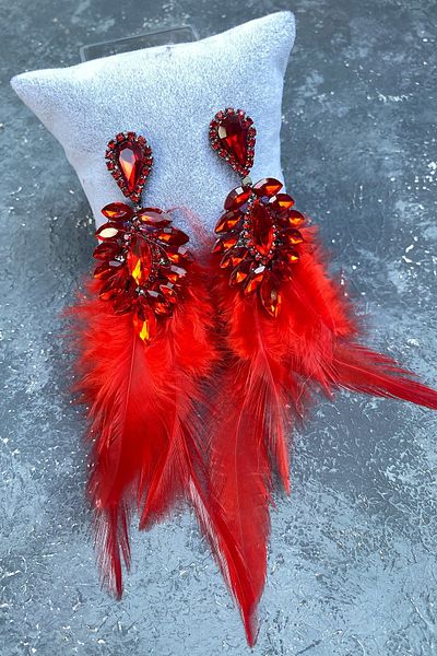 Hayalperest boncuk Most Stylish Red Feather Evening Dress for Special Invitation and Earrings
