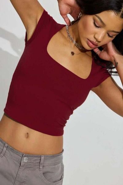 Madmext Tricou de damă cu guler pătrat roșu Claret MG2294