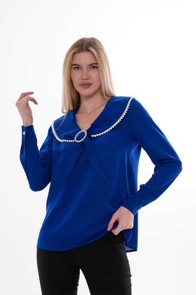 Loom Boutique Kadın Büyük Beden Yakası İnci İşlemeli Broşlu Bluz B0055