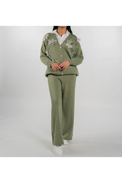 ZARİFSTORE ZARIF Pullover Trousers Double Set with organza rose detail