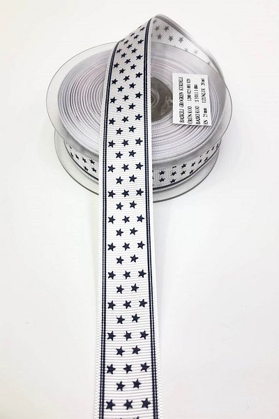 Hayalperest boncuk Panglică Grosgrain Imprimată Stele Albastru Marin 2,5cm