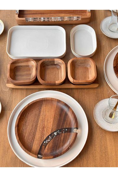 ROSSEV Modern Acacia Breakfast Set - 85 Pieces, 12 People