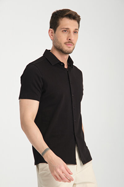 Frappoli Ανδρικό μαύρο αθλητικό πουκάμισο Lucero από 100% βαμβάκι που δεν συρόμενο με λεπτή λαιμόκοψη πόλο