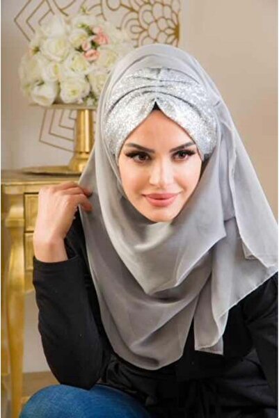 Aişe tesettür Silver French Chiffon Silvery Double Evening Dress Shawl