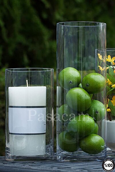 Paşabahçe Silindir Cam Vazo Dekoratif Denizli El Imalati 14.5 Cm Genişlik 20 Cm 30 Cm 2'li