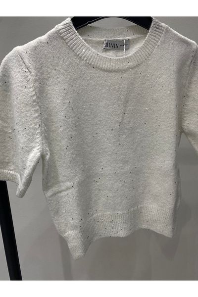 Dilvin 10703 Ecru Crew Neck Sequin Glitter Knitwear Sweater