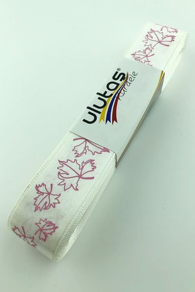Hayalperest boncuk Panglică Satin Imprimată Frunze Roz Crem 2,5 Cm