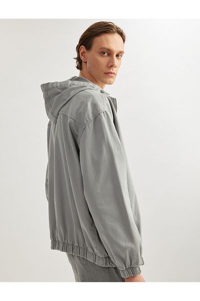 Koton Cotton Pocket Detailed Embroidered Zippered Oversize Hooded Jean Jacket