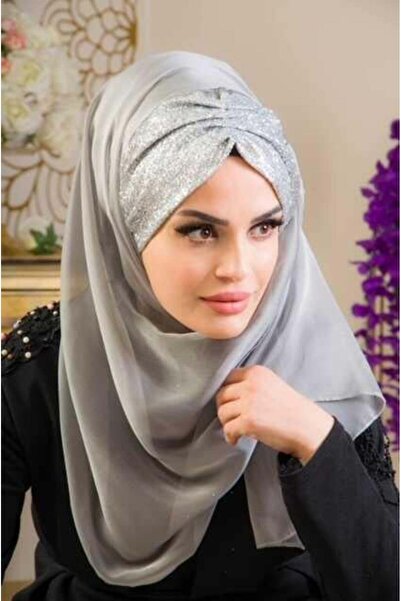 Aişe tesettür Silver French Chiffon Silvery Double Evening Dress Shawl