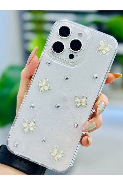 Go Aksesuar حافظة سيليكون بتصميم فراشة لؤلؤية متوافقة مع هاتف آيفون 16 بروماكس مع لعبة