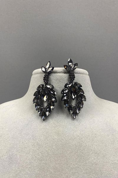 Hayalperest boncuk Anthracite Gray Leaf Patterned Stone Detailed Shuttle Duru Evening Dress Earrings