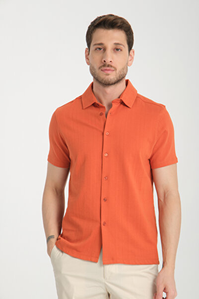 Frappoli Ανδρικό πορτοκαλί Lucero 100% βαμβακερό πουκάμισο με λεπτή λαιμόκοψη πόλο