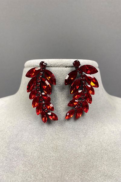 Hayalperest boncuk Red Leaf Pattern Bridal Earrings with Stone Detail