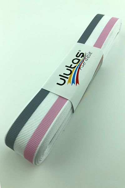 Hayalperest boncuk Γκρι ροζ ριγέ εμπριμέ κορδέλα Grosgrain 10 Mt