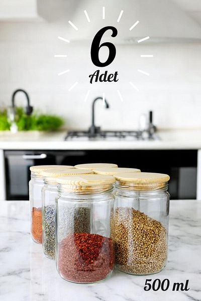 Denizcan Home 6-Piece Large Size Wooden Vacuum Lid Glass Storage Jar Seasoning Set (Label Gift)