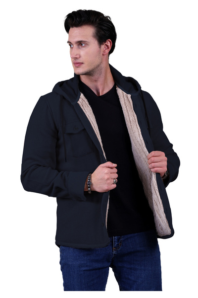 Exve Exclusive Navy Blue Solid Plain Hooded Wool Fur Inside Winter Lumberjack Jacket Shirt
