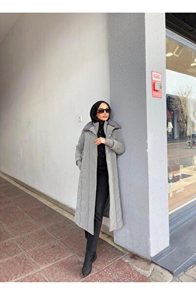 Minel Γυναικείο γκρι φουσκωτό παλτό με ζώνη 021