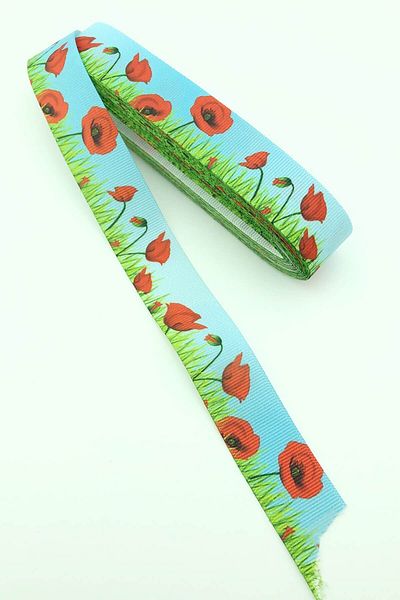 Hayalperest boncuk Panglică Grosgrain Imprimată Floral Roșu cu Iarbă 10 Mt