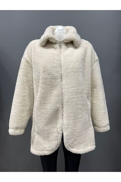 Montup Women's Ecru Plush Windproof Welsoft Winter Coat Coat with Double Pockets