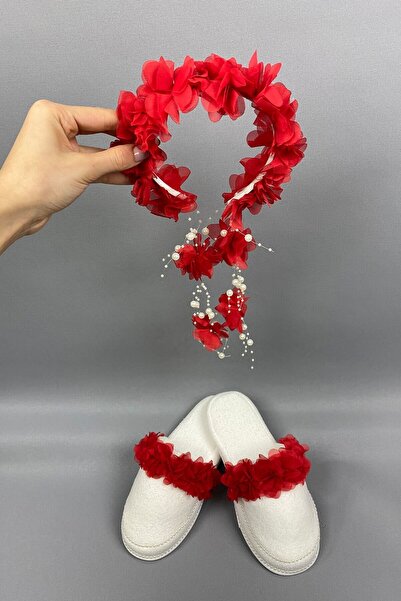 Hayalperest boncuk Kırmızı Lazer Çiçekli İncili Taç ve Lohusa Terlik Seti