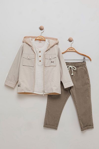 Bombili Muslin Blouse, Elastic Waist Pants and Hooded Coat for Boys - Set of 3