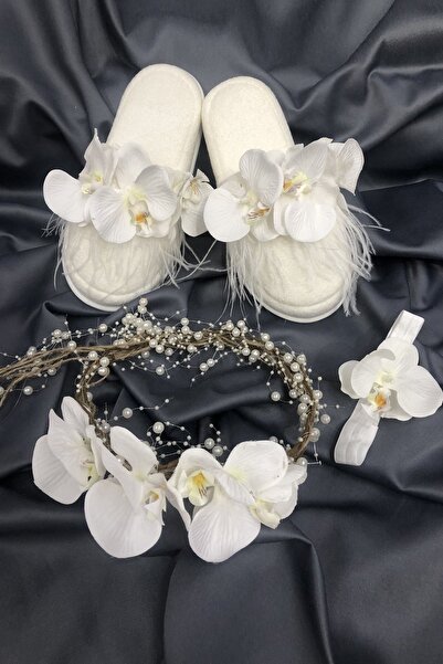 Hayalperest boncuk Orkide Tüylü ve İncili Lohusa Terliği Taç Seti