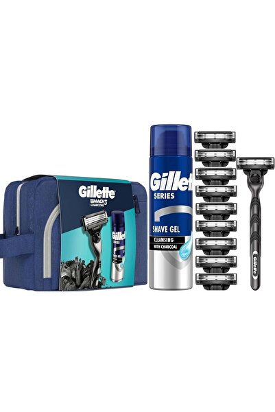 Gillette Mach3 Charcoal Makine ve 10 tıraş bıçağı Yedek + Charcoal Series Jel 200ML + Çanta