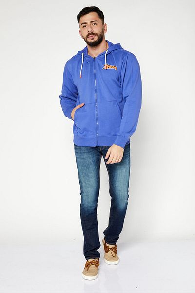 Le tigre Men Hooded Brand Logo Long Sleeves Full Zip Sweatshirt, Blue