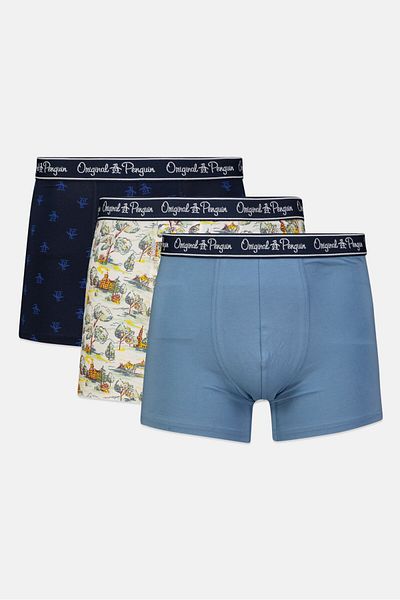 Original Penguin بوكسر رجالي مطبوع بالكامل، 3 قطع، أزرق داكن/أبيض/أزرق فولاذي