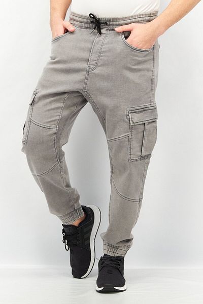 CELIO Men Regular Fit Washed Drawstring Denim Cargo Pants, Light Grey