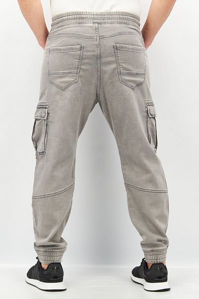 CELIO Men Regular Fit Washed Drawstring Denim Cargo Pants, Light Grey