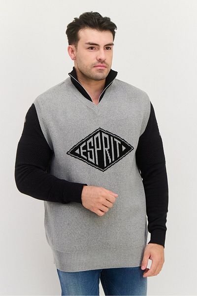 Esprit Men V-neck Brand Logo Long Sleeveless Vest, Grey
