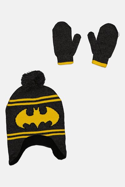 Batman Toddlers Boy 2 Pcs Beanie And Gloves Set, Grey