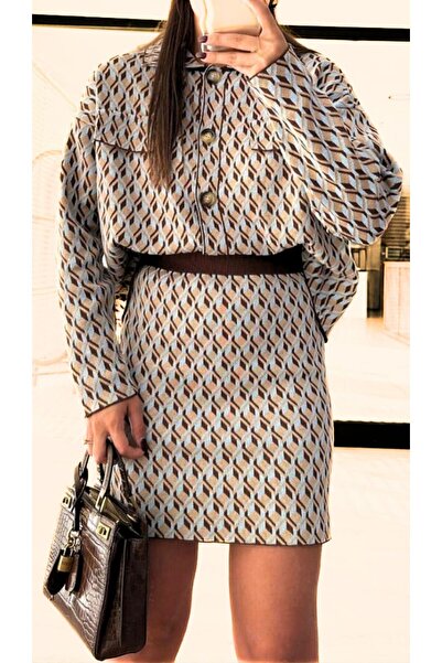 STLB Brown-Blue Knitwear Set with Shirt and Mini Skirt