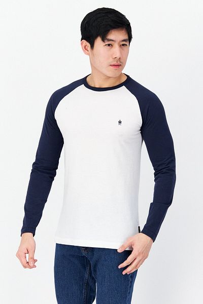 French Connection Men Crew Neck Long Sleeve Embroidered Logo T-shirt, White/navy
