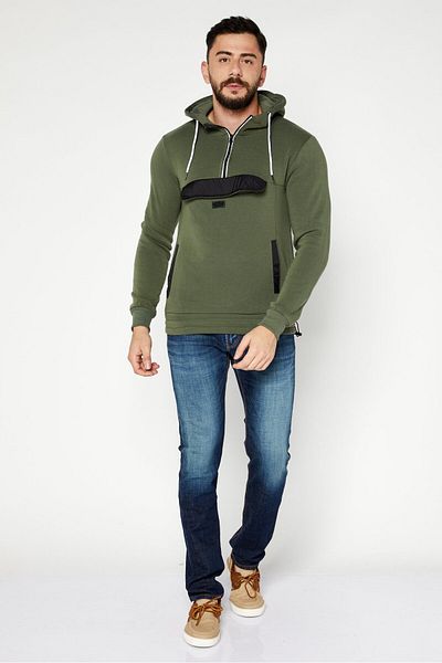 Modern Culture Men Long Sleeve Half Zip Fleece Hoodies, Olive/black