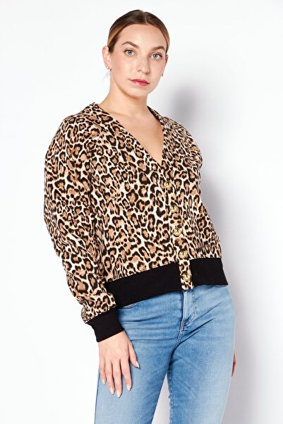 Michael Kors كارديجان نسائي بطبعة حيوان وأكمام طويلة ورقبة على شكل حرف V، بني