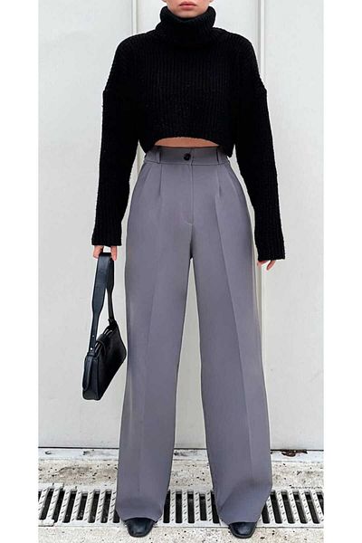 NEVEGE BUTİK Women's Anthracite High Waist Pleated Palazzo Pants