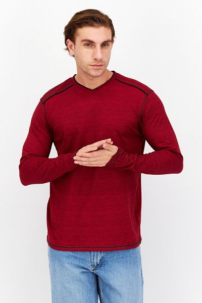 Modern Culture Men V-neck Long Sleeves Textured T-shirt, Red