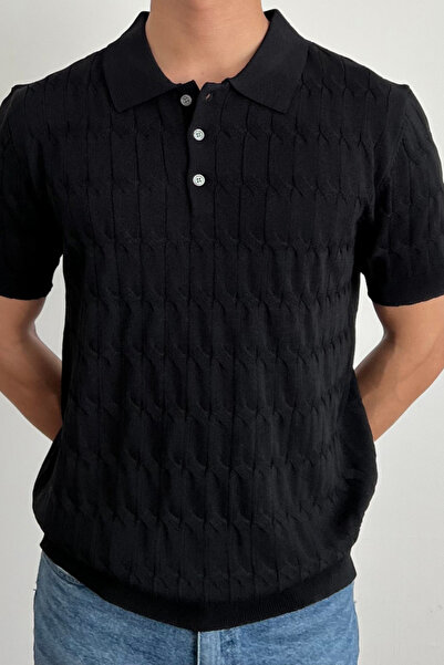 Tarz Cool Ανδρικό μπλουζάκι πλεκτό με λεπτές τρίχες με κουμπιά Slim Fit Polo γιακά