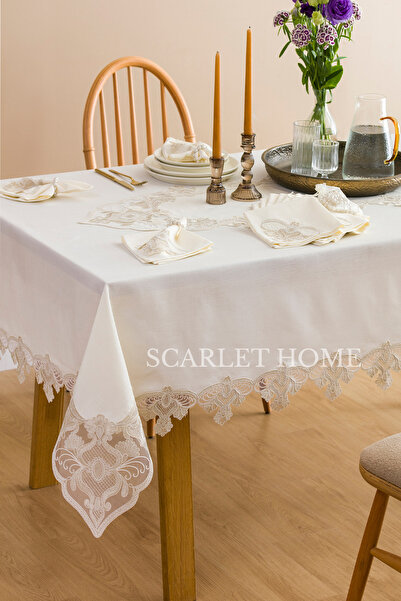 scarlet home collection Kelebek 26 Parça Keten Fransız Dantelli Masa Örtüsü