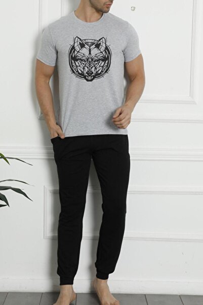 Tom John Erkek Pijama Takımı Kısa Kollu Cepli Pamuk 3 lu Set Bermuda Şort Kurt Baskılı GRİ