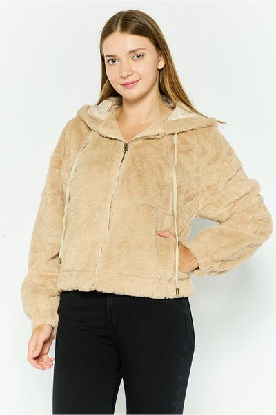 Sadie & Sage Women Hooded Faux Fur Jacket, Beige